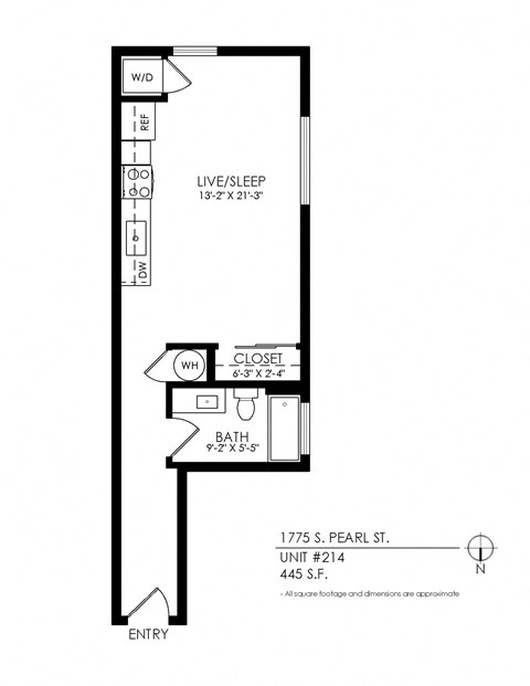 Floor plan for studio, 1 bath, 445 sqft